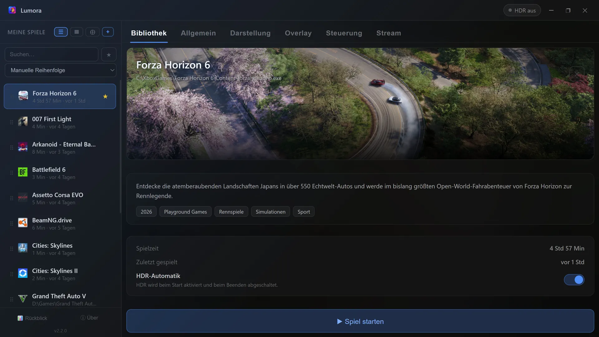 Lumora Game-Launcher – Listenansicht mit allen Spielen aus Steam, Epic, GOG & Co., HDR-Schalter und Game-Streaming