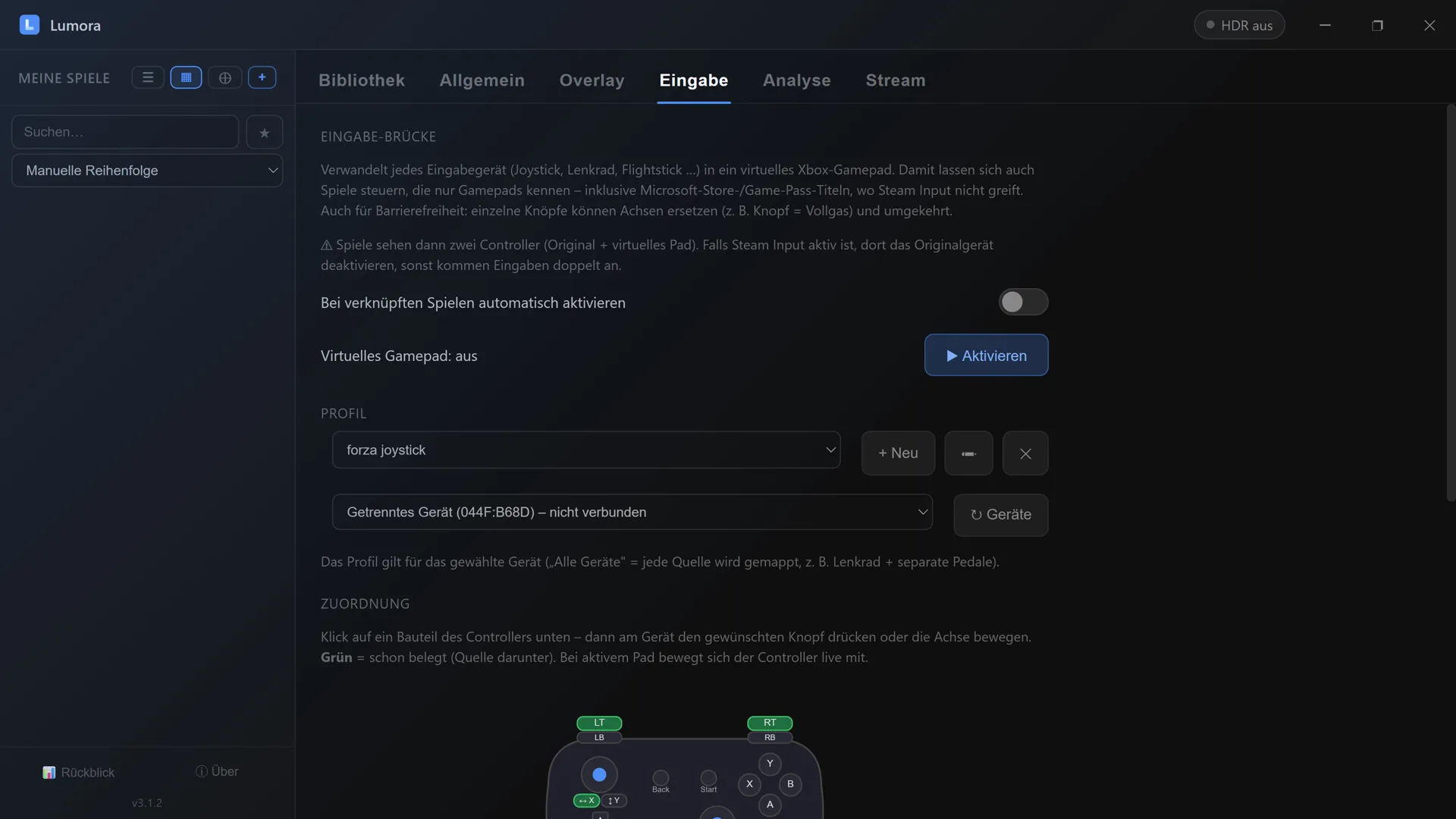 Lumora Eingabe-Brücke: Profil-Auswahl je Gerät, Schalter für das virtuelle Gamepad und der abgebildete Xbox-Controller, auf dem belegte Tasten und Achsen grün markiert sind