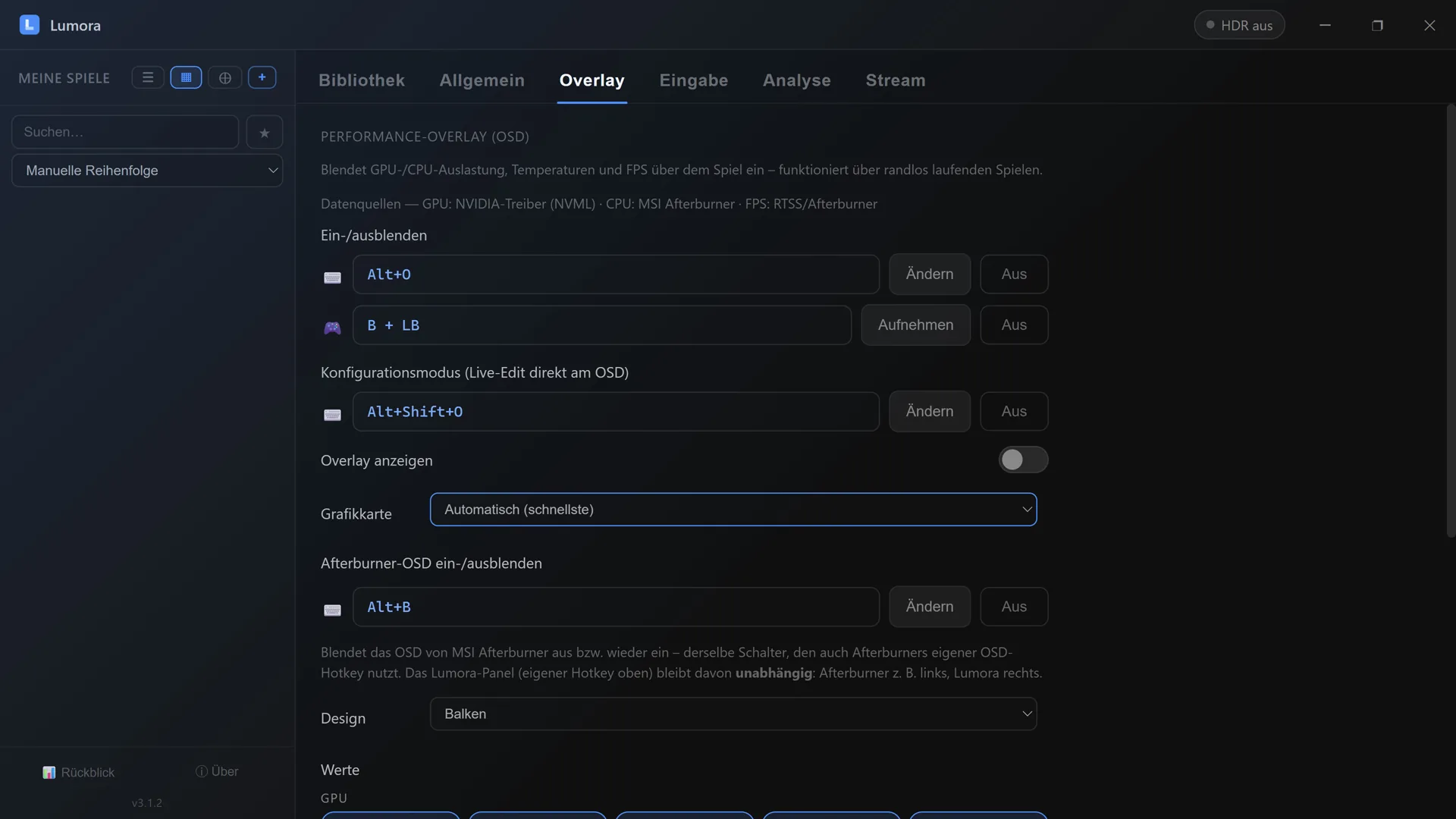 Lumora overlay settings: hotkeys for keyboard and gamepad, configuration mode, graphics card selection, design and the choice of displayed values
