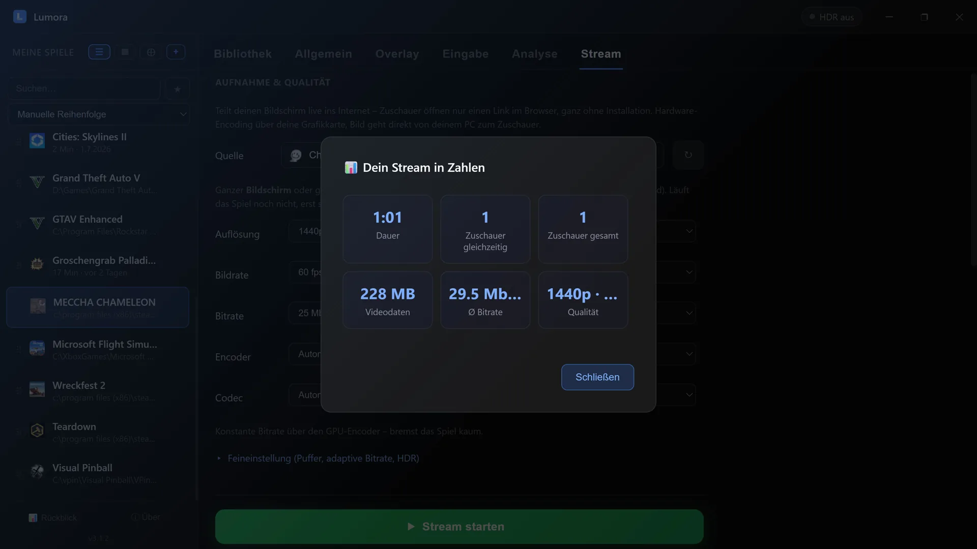 Lumora Stream-Statistik nach dem Beenden: Dauer, Zuschauer gleichzeitig und gesamt, übertragene Videodaten, durchschnittliche Bitrate und Qualität