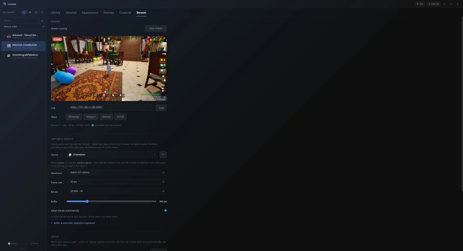 Lumora Stream-Tab: Live-Vorschau, Zuschauer-Liste und Bitrate-Einstellungen beim Teilen des Bildschirms